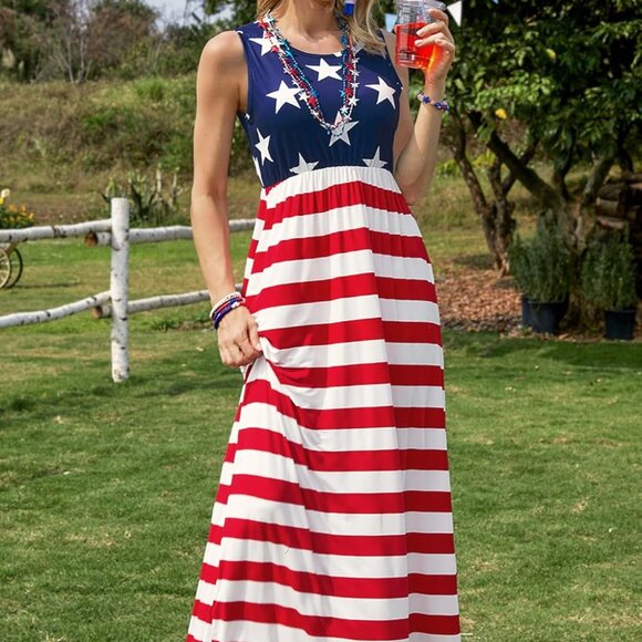 Womens American Flag Maxi Dress Sleeveless 4th of July Patriotic Summer - Picture 5 of 6
